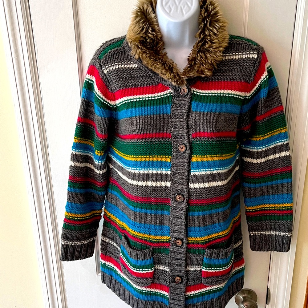 Hanna Andersson Wool Blend‎ Cardigan Sweater Girls 10/ 140 Multi Stripe Rainbow